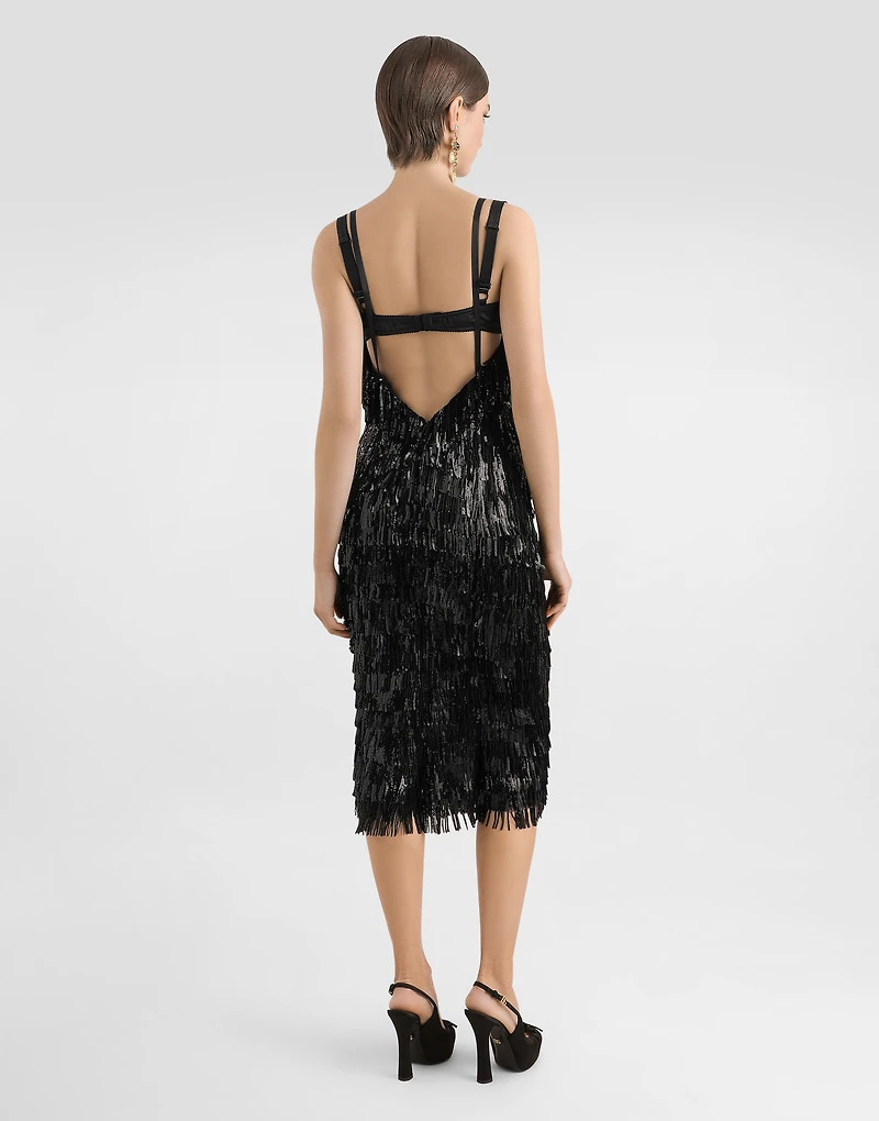 Calf-length slip dress with sequined fringing