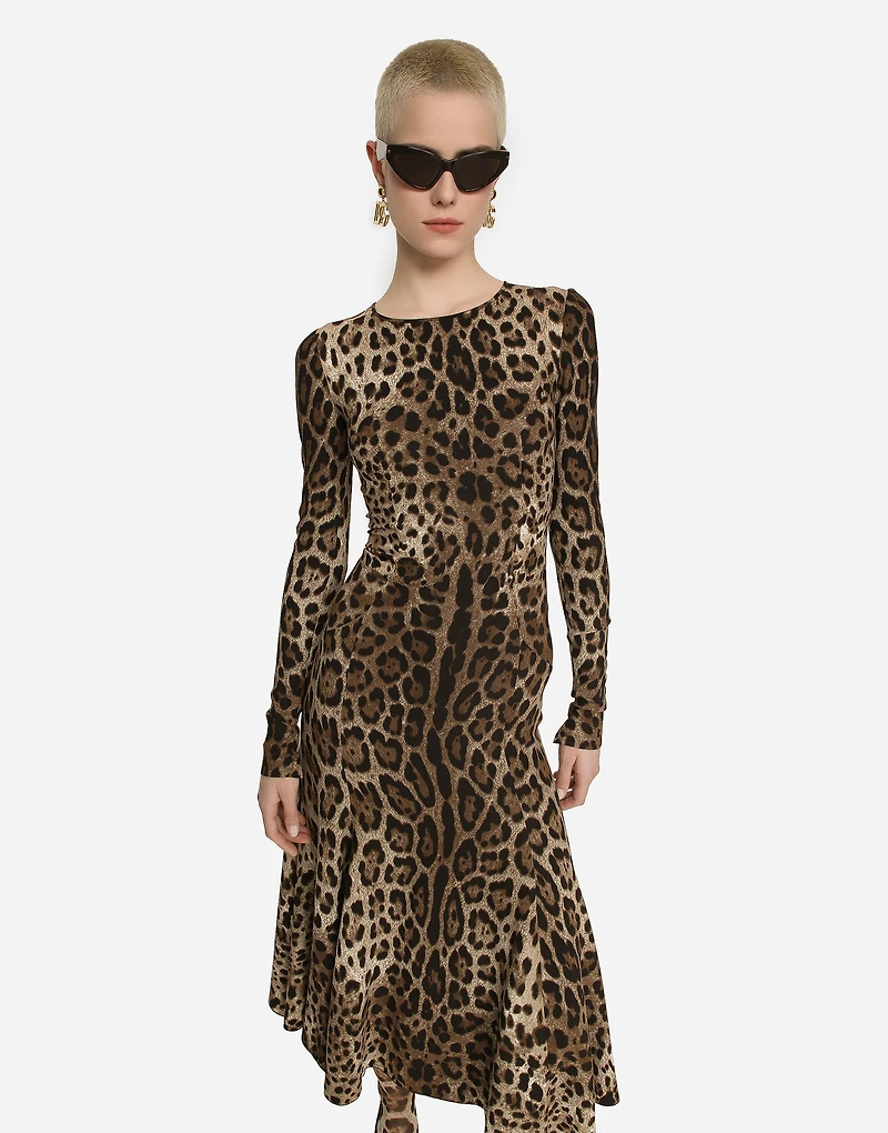 Leopard-print calf-length cady dress