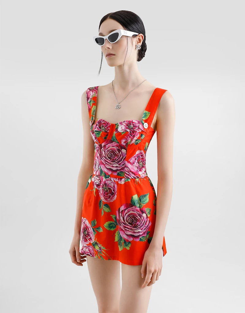 Long cotton corset top with rose print