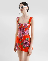 Long cotton corset top with rose print