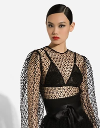 Calf-length mesh dress with wool crepe belt