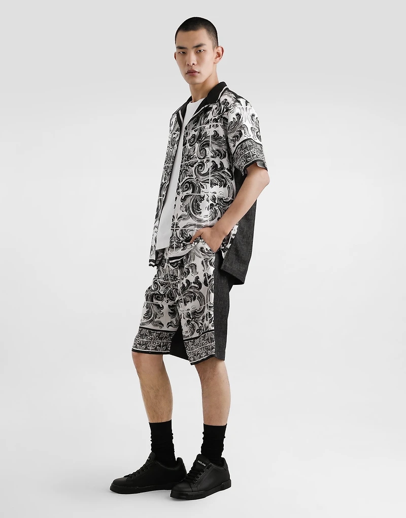 Maiolica-printed denim bermuda shorts