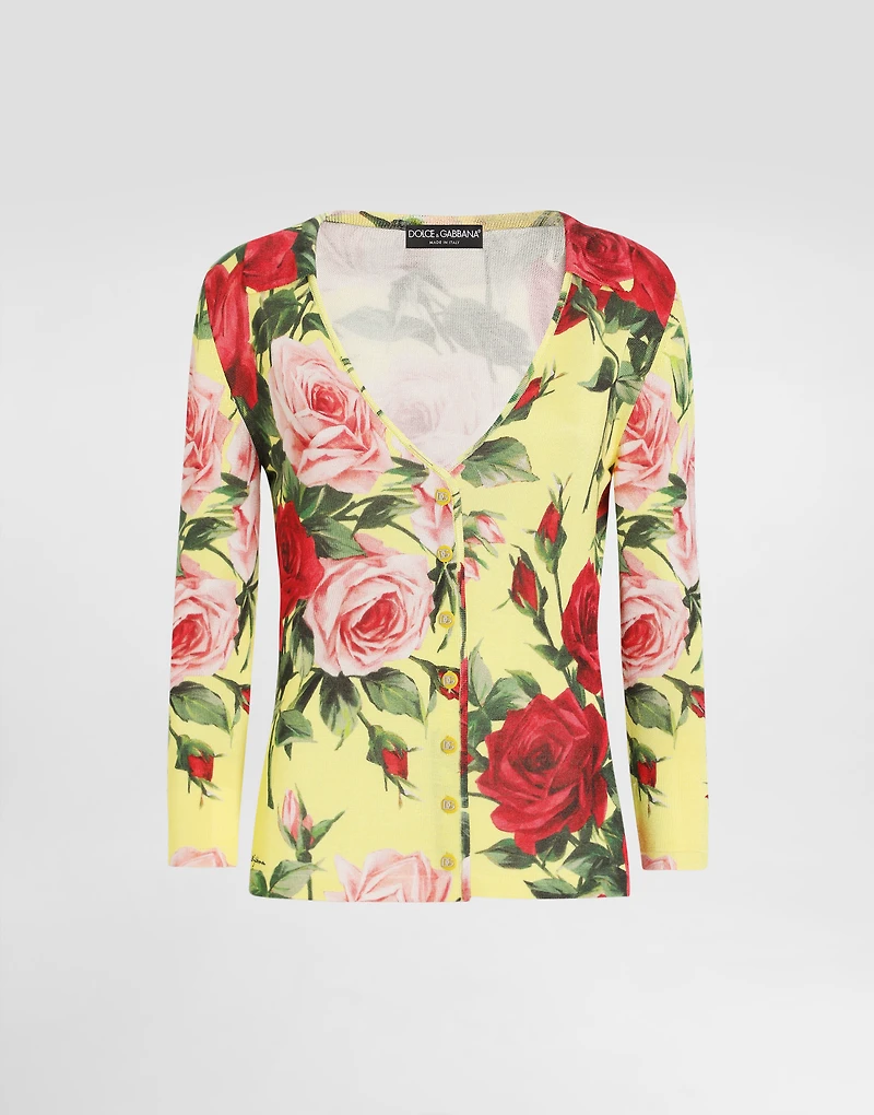 Silk knit cardigan with bouquet print