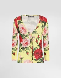 Silk knit cardigan with bouquet print