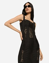 Jersey calf-length dress with lace inserts