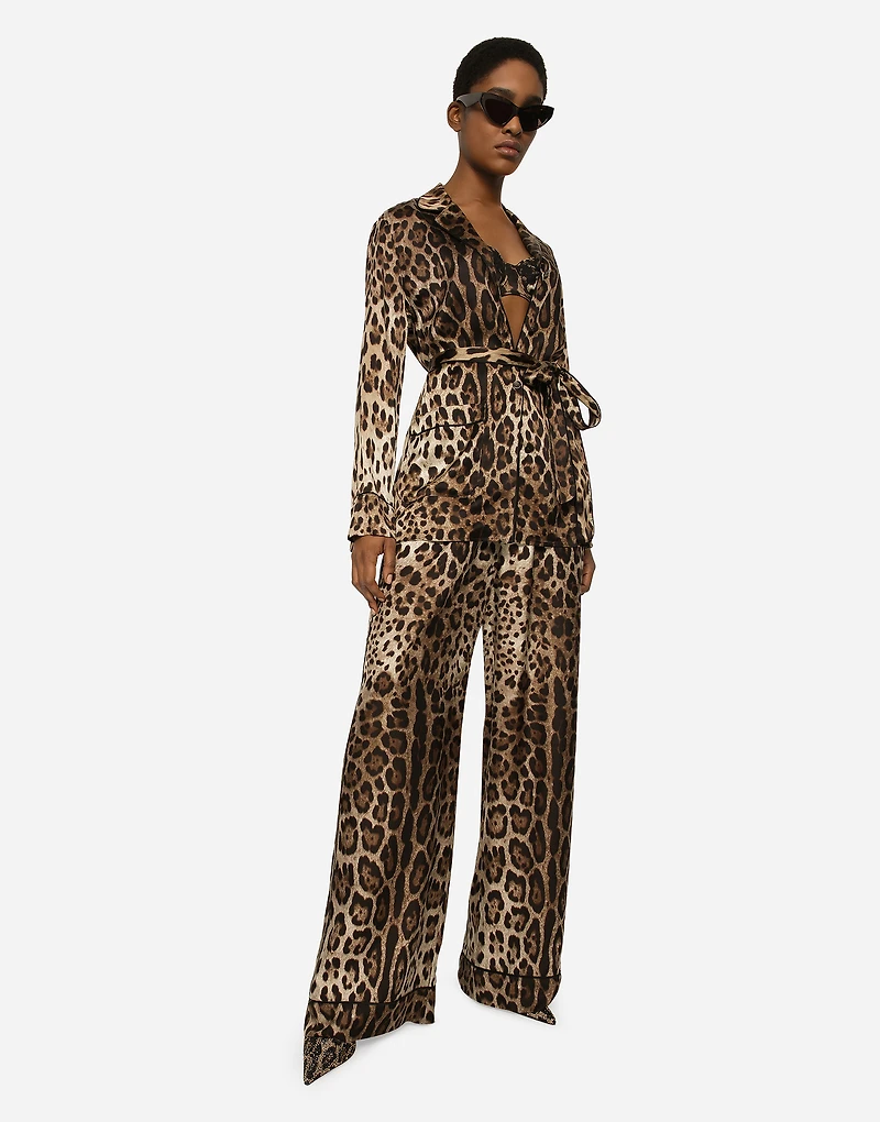 Leopard-print satin pajama shirt with belt