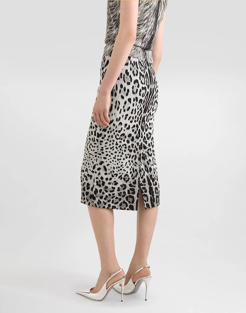 Charmeuse calf-length pencil skirt with leopard print