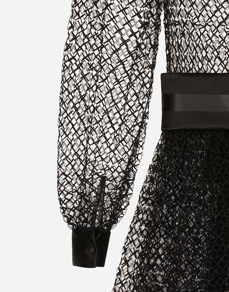 Calf-length mesh dress with wool crepe belt