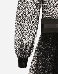 Calf-length mesh dress with wool crepe belt