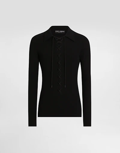 Long-sleeved interlock jersey polo-shirt with laces