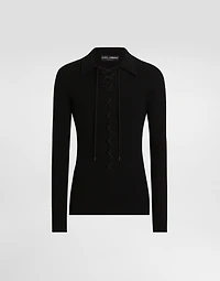 Long-sleeved interlock jersey polo-shirt with laces