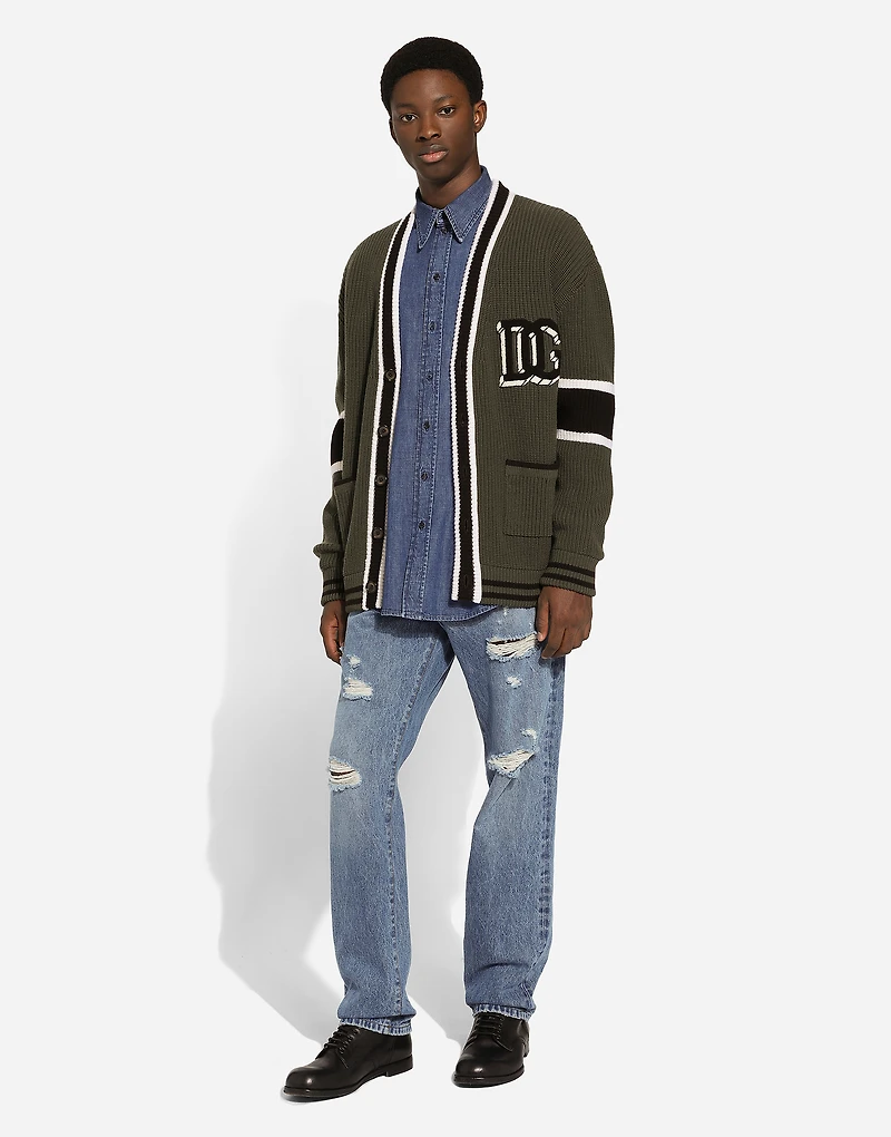 Wool fisherman’s rib-knit cardigan with DG logo patch