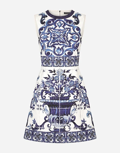 Short majolica-print brocade dress