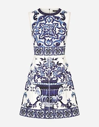 Short majolica-print brocade dress
