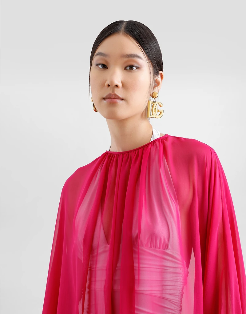 Long silk chiffon caftan with drawstring