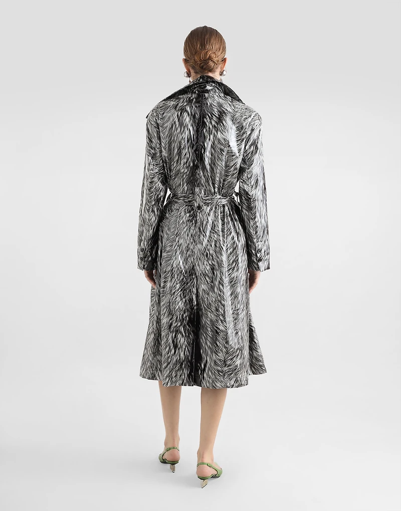 Fur-print coated satin trench coat
