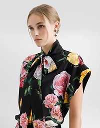 Silk habotai shirt with peony and rose print