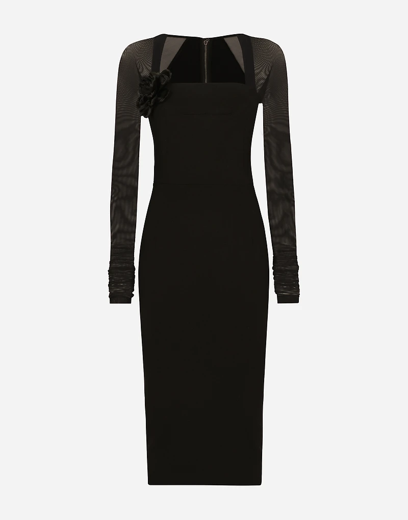 Jersey calf-length dress with tulle sleeves