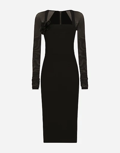 Jersey calf-length dress with tulle sleeves