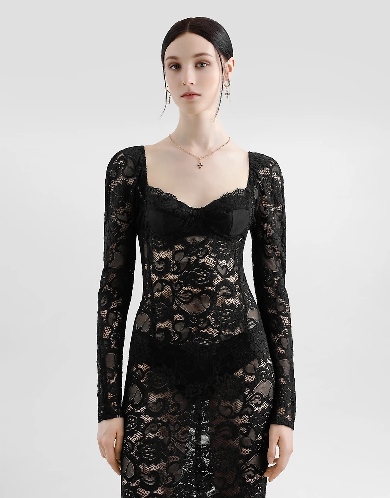 Calf-length floral lace dress with bra-style cups