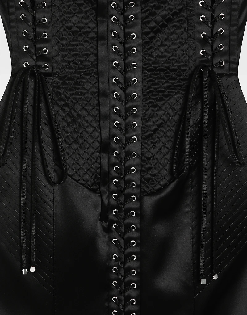 Strapless satin dress with corset details
