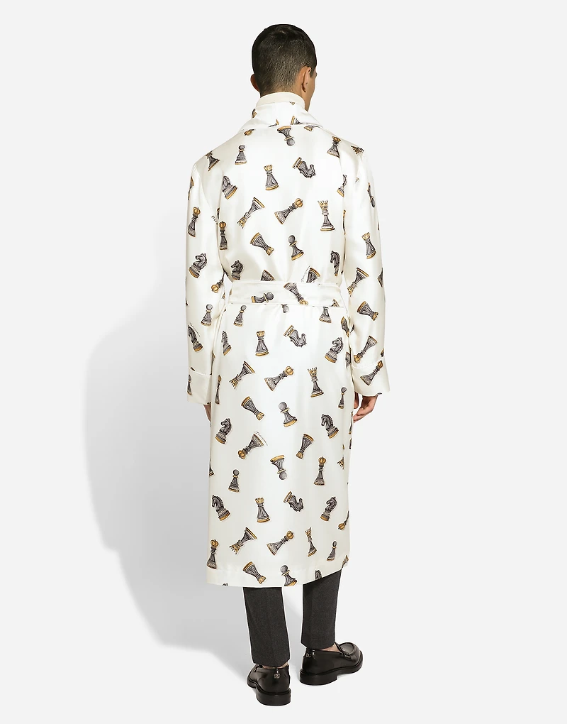 Silk twill robe with chess-piece print