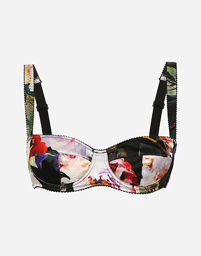 Satin balconette bra with rose garden print