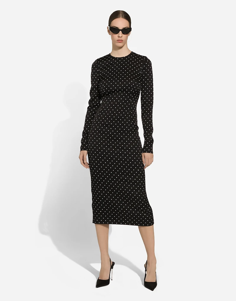 Charmeuse calf-length sheath dress with polka-dot print
