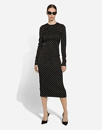 Charmeuse calf-length sheath dress with polka-dot print