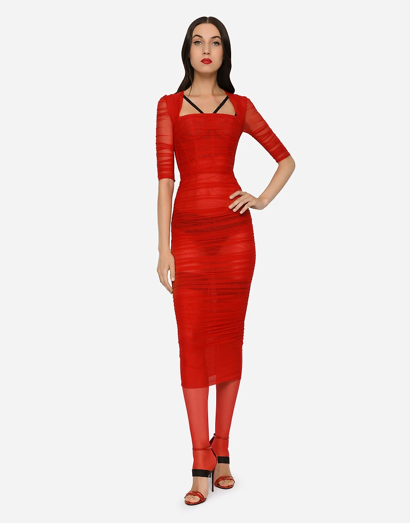 Tulle calf-length dress with draping