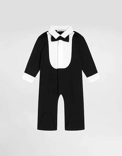 Interlock romper with embroidered bow tie