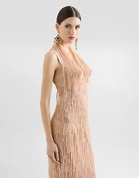 Calf-length dress with sequined fringe embellishment