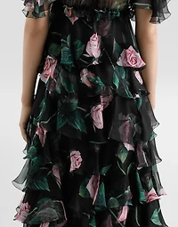 Rose-print chiffon calf-length dress with ruffles and flounces