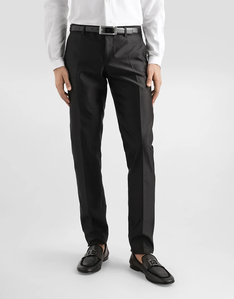 Double-breasted mikado shantung silk suit