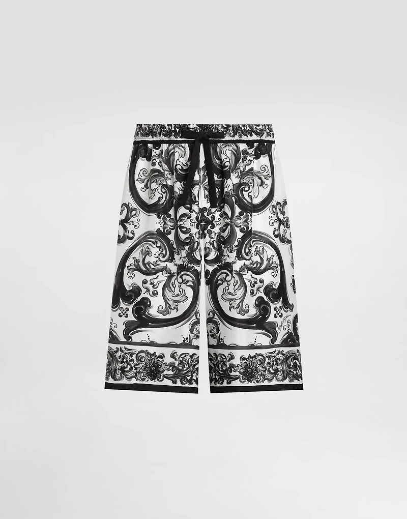 Majolica-print silk twill trousers