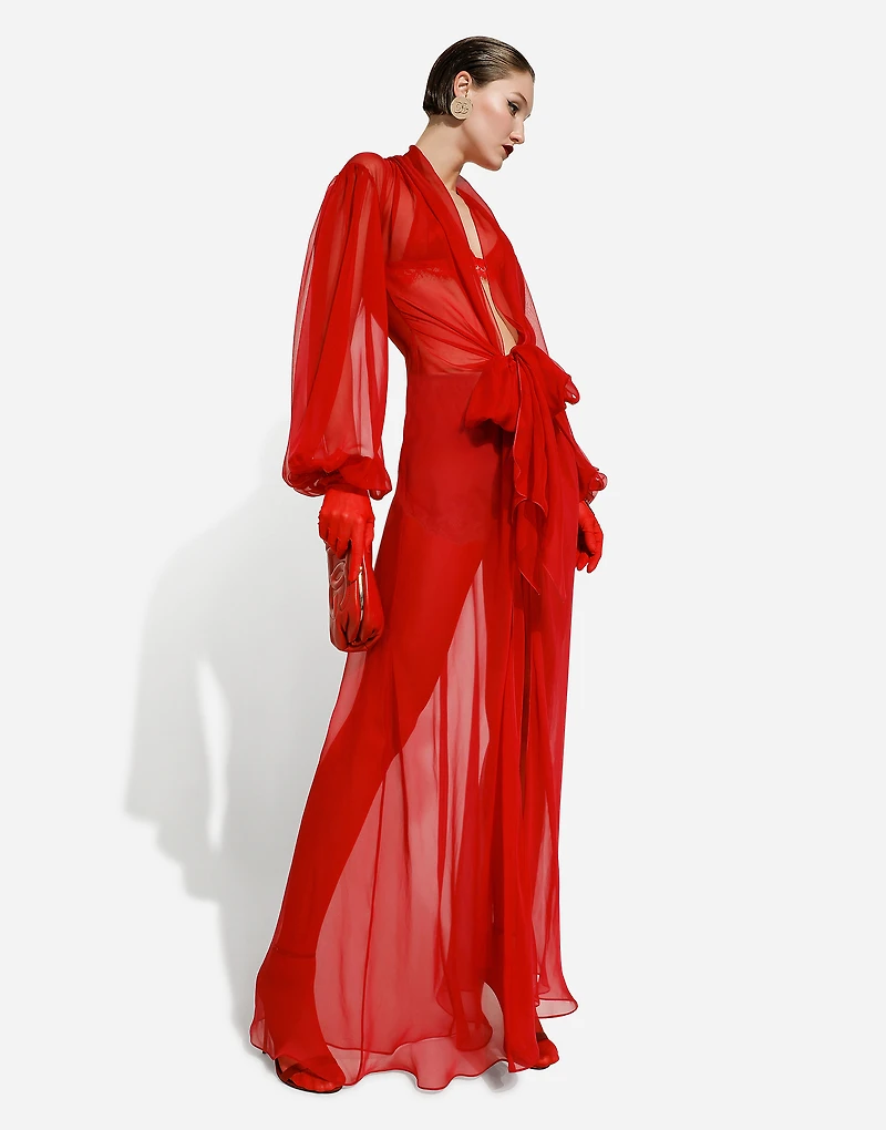 Long silk chiffon dress with bow detail