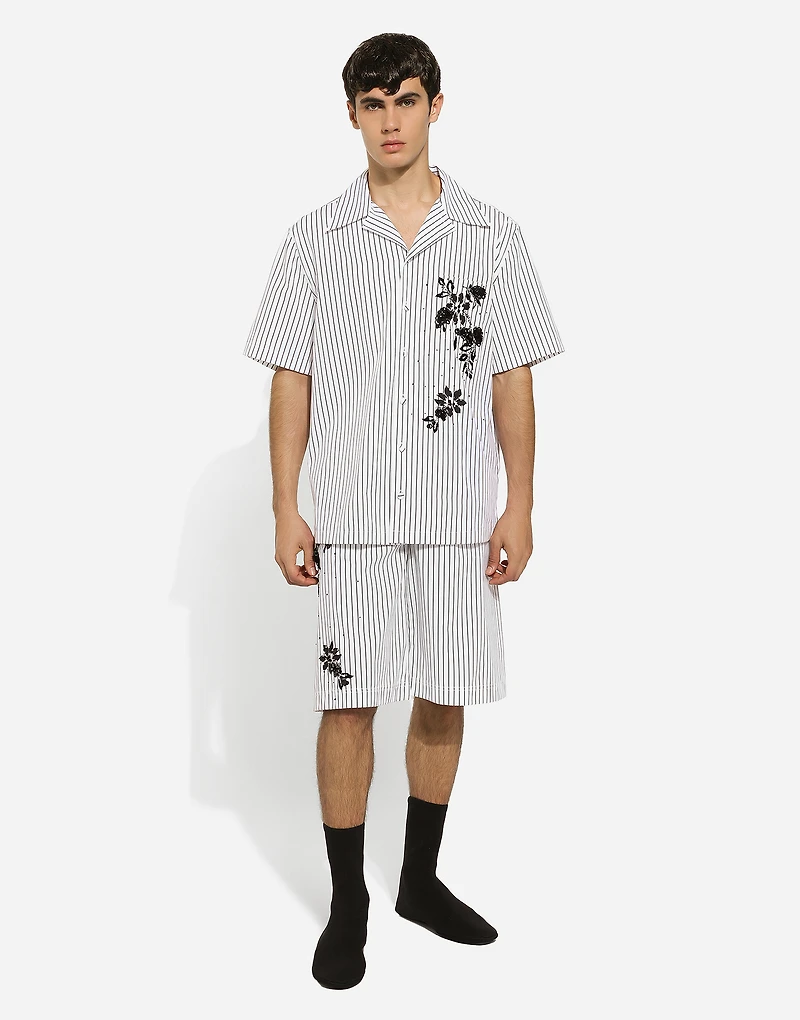 Striped poplin shorts with embroidery