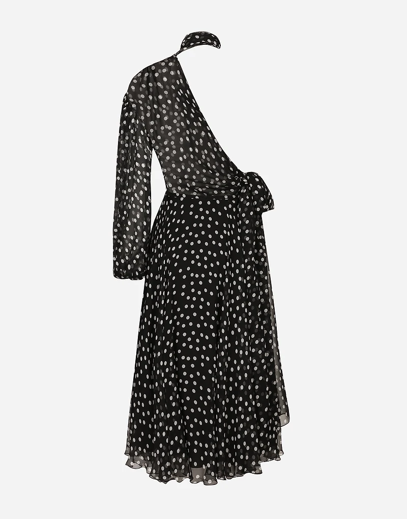 Polka-dot one-shoulder chiffon dress