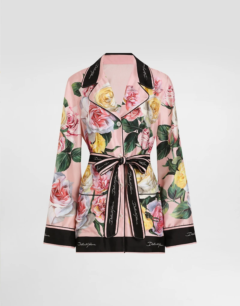 Twill pajama shirt with rose and peony print