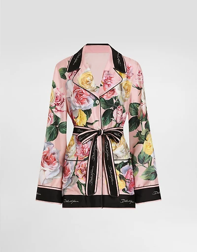 Twill pajama shirt with rose and peony print