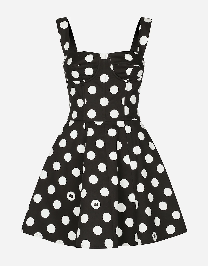 Cotton drill corset minidress with polka-dot print