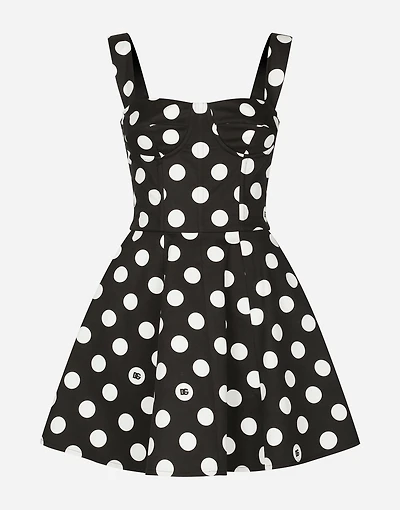 Cotton drill corset minidress with polka-dot print
