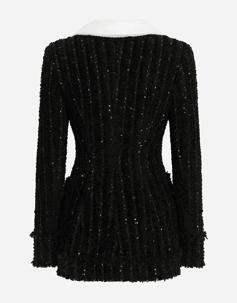 Tweed jacket with micro-sequin embellishment and satin collar