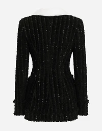 Tweed jacket with micro-sequin embellishment and satin collar
