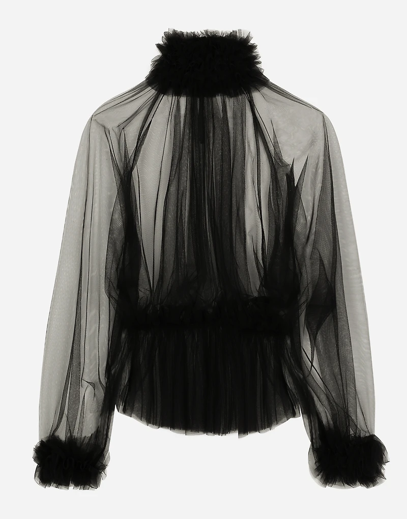 Tulle blouse with ruffles on the neck and cuffs