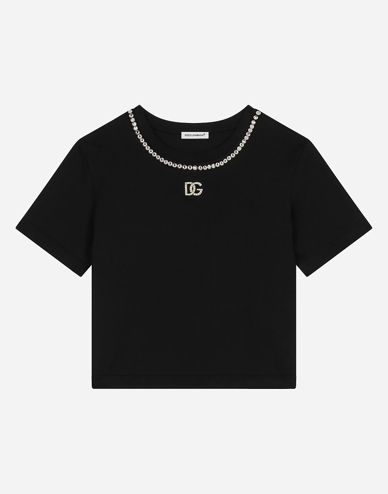 Short-sleeved jersey T-shirt with rhinestones