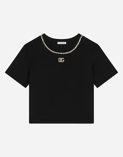Short-sleeved jersey T-shirt with rhinestones