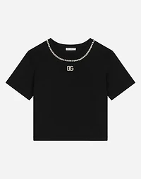 Short-sleeved jersey T-shirt with rhinestones