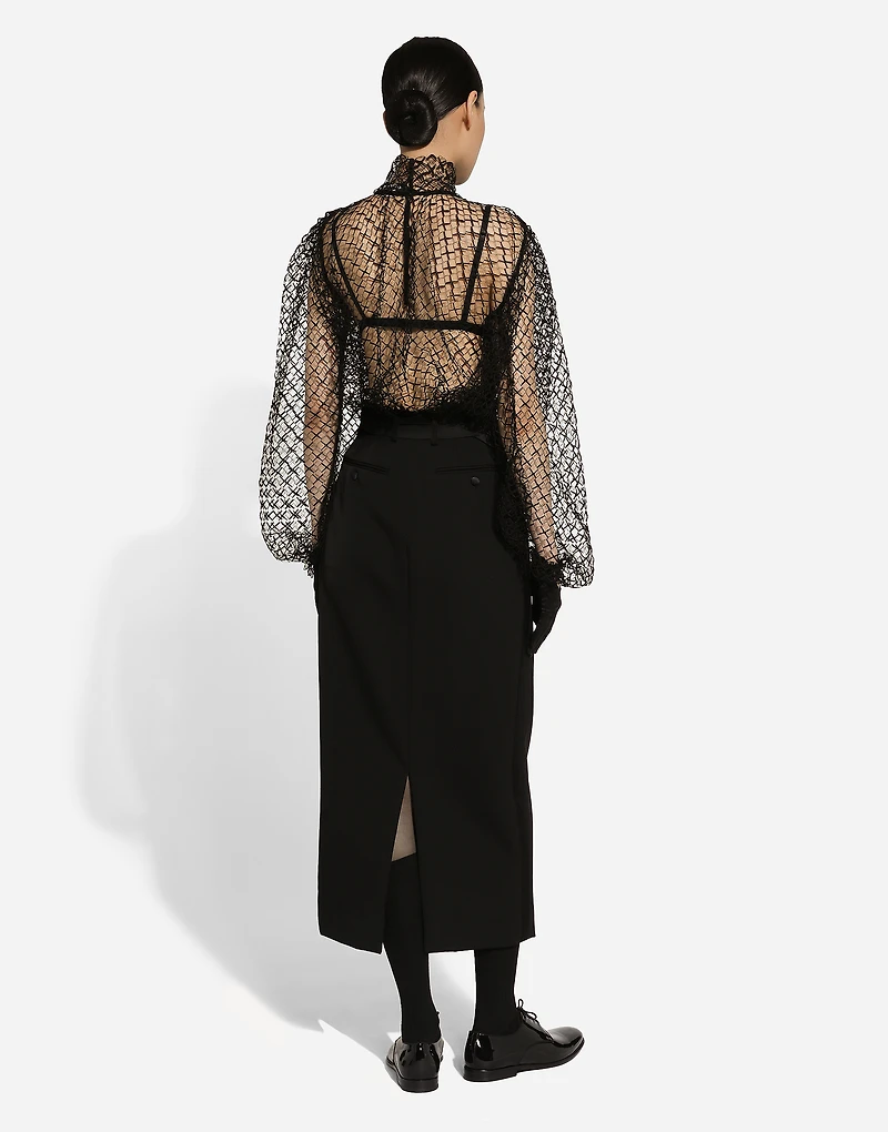 Wool gabardine calf-length tuxedo pencil skirt