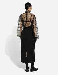 Wool gabardine calf-length tuxedo pencil skirt